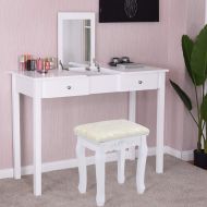 Giantex Vanity Set Makeup Table with Mirror, Cushioned Stool Bench Chair for Home Bedroom 9 Middle Storage Organizers for Jewelry Cosmetics Vanities Dressing Tables with 2 Drawers