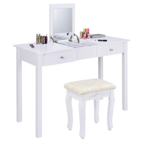 자이언텍스 Giantex Vanity Set Makeup Table with Mirror, Cushioned Stool Bench Chair for Home Bedroom 9 Middle Storage Organizers for Jewelry Cosmetics Vanities Dressing Tables with 2 Drawers