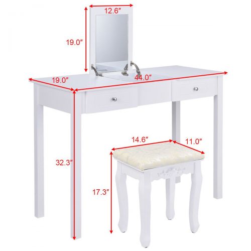 자이언텍스 Giantex Vanity Set Makeup Table with Mirror, Cushioned Stool Bench Chair for Home Bedroom 9 Middle Storage Organizers for Jewelry Cosmetics Vanities Dressing Tables with 2 Drawers