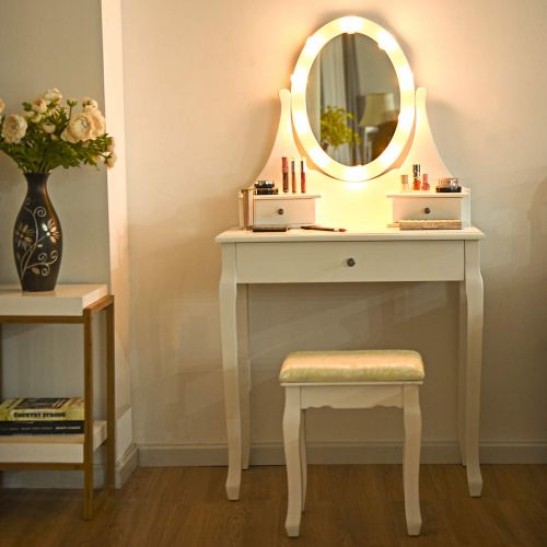 자이언텍스 Giantex Vanity Dressing Table Set with Makeup Mirror, 10 Led Lights Removable Top Organizer Multi-Functional Writing Desk Padded Stool, Large Bedroom Vanities Tables with Benches (