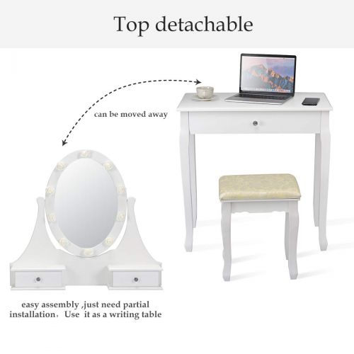 자이언텍스 Giantex Vanity Dressing Table Set with Makeup Mirror, 10 Led Lights Removable Top Organizer Multi-Functional Writing Desk Padded Stool, Large Bedroom Vanities Tables with Benches (