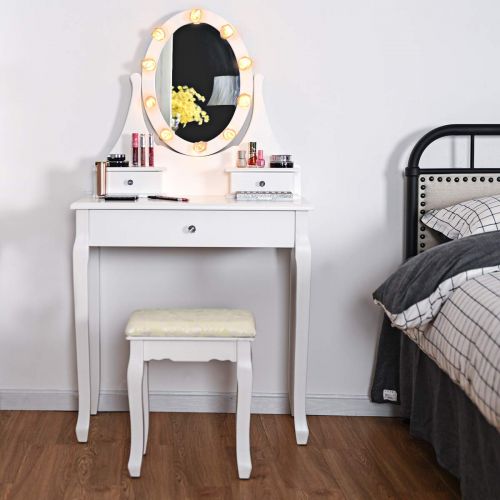자이언텍스 Giantex Vanity Dressing Table Set with Makeup Mirror, 10 Led Lights Removable Top Organizer Multi-Functional Writing Desk Padded Stool, Large Bedroom Vanities Tables with Benches (