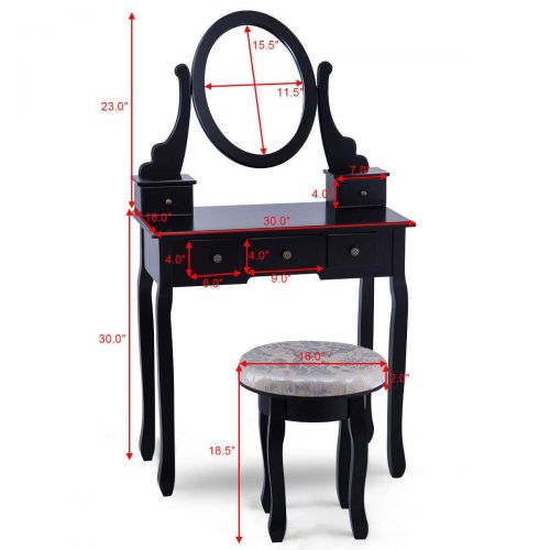 자이언텍스 Giantex Vanity Makeup Table Set Bedroom Furniture with Cushioned Padded Stool & 5 Drawer Round 360 Degree Rotation Swivel Mirror Dressing Table Stool Wooden Vanity Set (Black with