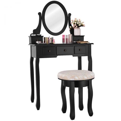 자이언텍스 Giantex Vanity Makeup Table Set Bedroom Furniture with Cushioned Padded Stool & 5 Drawer Round 360 Degree Rotation Swivel Mirror Dressing Table Stool Wooden Vanity Set (Black with