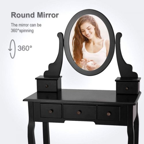 자이언텍스 Giantex Vanity Makeup Table Set Bedroom Furniture with Cushioned Padded Stool & 5 Drawer Round 360 Degree Rotation Swivel Mirror Dressing Table Stool Wooden Vanity Set (Black with