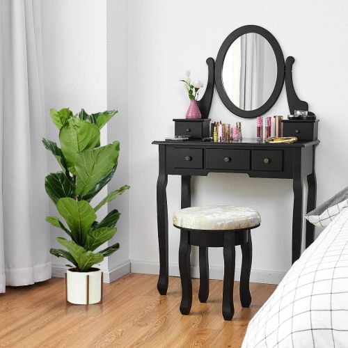 자이언텍스 Giantex Vanity Makeup Table Set Bedroom Furniture with Cushioned Padded Stool & 5 Drawer Round 360 Degree Rotation Swivel Mirror Dressing Table Stool Wooden Vanity Set (Black with