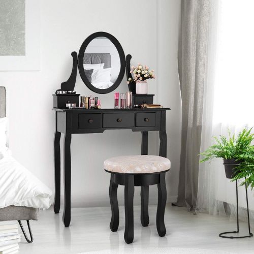 자이언텍스 Giantex Vanity Makeup Table Set Bedroom Furniture with Cushioned Padded Stool & 5 Drawer Round 360 Degree Rotation Swivel Mirror Dressing Table Stool Wooden Vanity Set (Black with