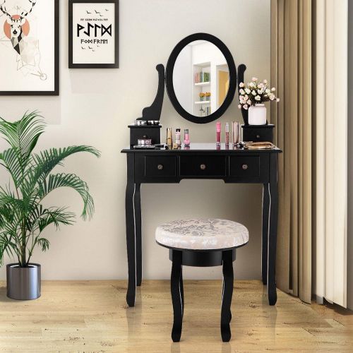 자이언텍스 Giantex Vanity Makeup Table Set Bedroom Furniture with Cushioned Padded Stool & 5 Drawer Round 360 Degree Rotation Swivel Mirror Dressing Table Stool Wooden Vanity Set (Black with