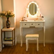 Giantex Vanity Dressing Table Set with Makeup Mirror, with 12 LED Lights Removable Top Organizer Muti-Functional Writing Desk Padded Stool, Bedroom Vanities Tables w/Benches & 5 Dr