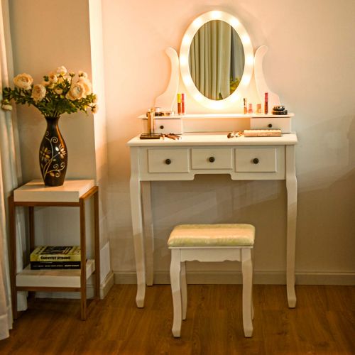 자이언텍스 Giantex Vanity Dressing Table Set with Makeup Mirror, with 12 LED Lights Removable Top Organizer Muti-Functional Writing Desk Padded Stool, Bedroom Vanities Tables w/Benches & 5 Dr