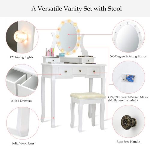 자이언텍스 Giantex Vanity Dressing Table Set with Makeup Mirror, with 12 LED Lights Removable Top Organizer Muti-Functional Writing Desk Padded Stool, Bedroom Vanities Tables w/Benches & 5 Dr