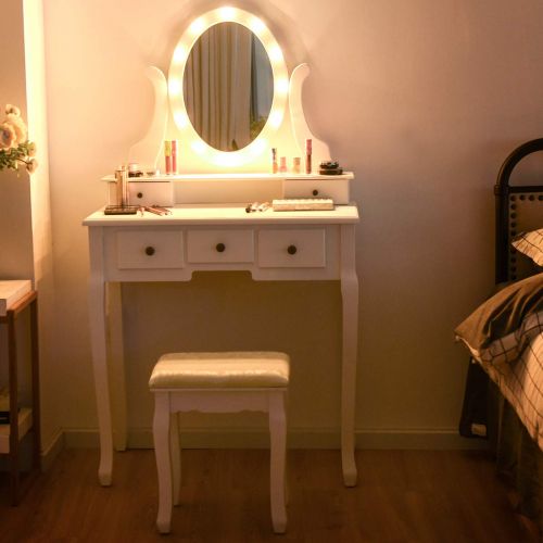 자이언텍스 Giantex Vanity Dressing Table Set with Makeup Mirror, with 12 LED Lights Removable Top Organizer Muti-Functional Writing Desk Padded Stool, Bedroom Vanities Tables w/Benches & 5 Dr
