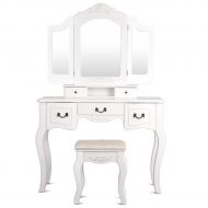 Giantex Vanity Table Set with Mirror and Stool, Tri Folding for Makeup Multifunctional Writing Desk Organizer Removable Top, Large Room Vanities Dressing Tables with 5 Drawers (Whi