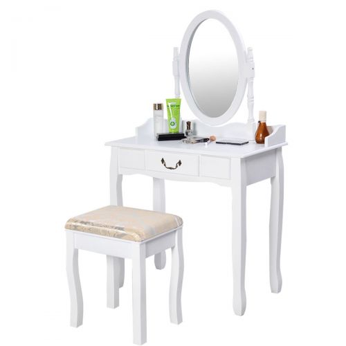 자이언텍스 Giantex White Vanity Table Set Makeup Table with Padded Stool for Girls Women Gift Wood Dressing Tables Room Vanities with Mirror and Drawer