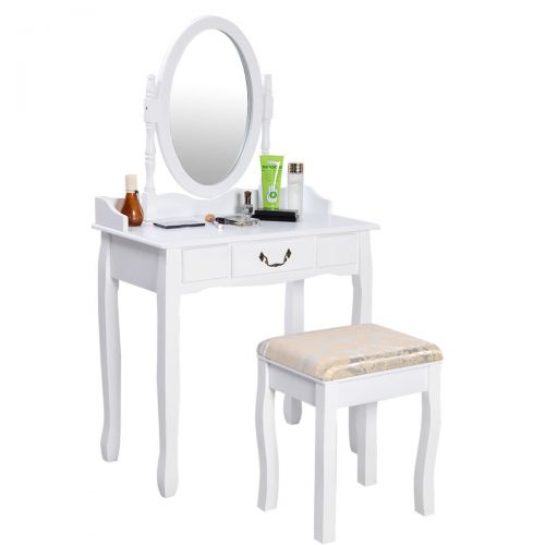 자이언텍스 Giantex White Vanity Table Set Makeup Table with Padded Stool for Girls Women Gift Wood Dressing Tables Room Vanities with Mirror and Drawer