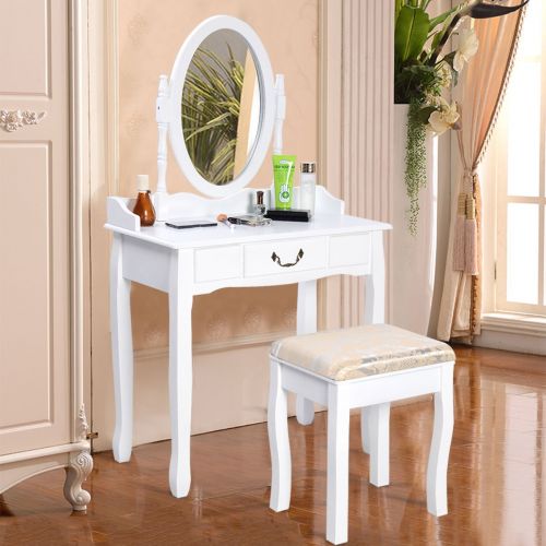 자이언텍스 Giantex White Vanity Table Set Makeup Table with Padded Stool for Girls Women Gift Wood Dressing Tables Room Vanities with Mirror and Drawer