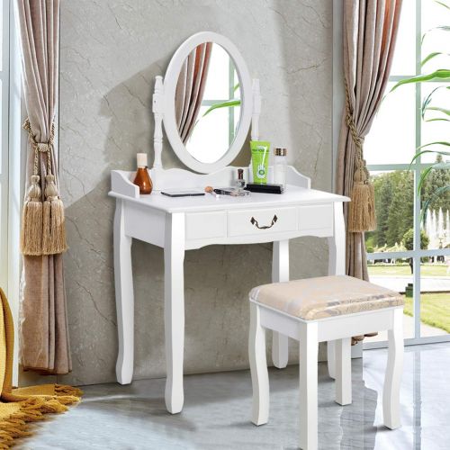 자이언텍스 Giantex White Vanity Table Set Makeup Table with Padded Stool for Girls Women Gift Wood Dressing Tables Room Vanities with Mirror and Drawer