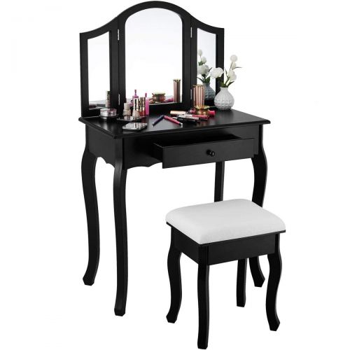 자이언텍스 Giantex Bathroom Vanity Makeup Table Set w/Tri-Folding Mirror & Cushioned Stool Dressing Table (Black)