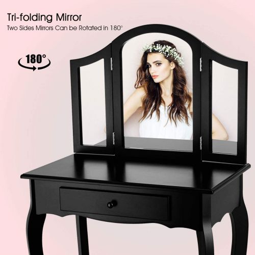자이언텍스 Giantex Bathroom Vanity Makeup Table Set w/Tri-Folding Mirror & Cushioned Stool Dressing Table (Black)