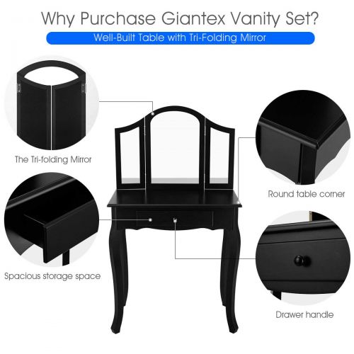 자이언텍스 Giantex Bathroom Vanity Makeup Table Set w/Tri-Folding Mirror & Cushioned Stool Dressing Table (Black)