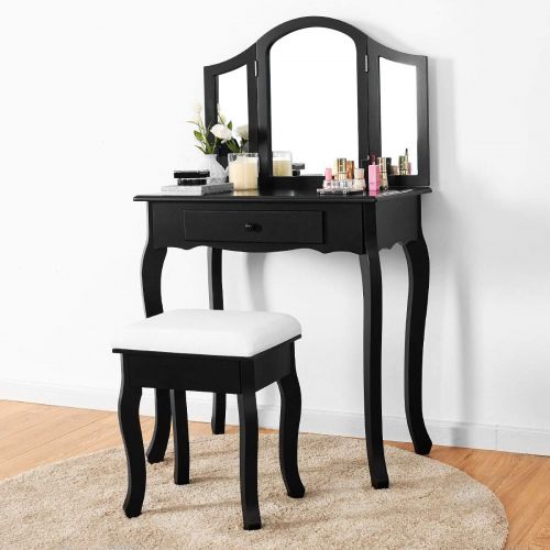 자이언텍스 Giantex Bathroom Vanity Makeup Table Set w/Tri-Folding Mirror & Cushioned Stool Dressing Table (Black)