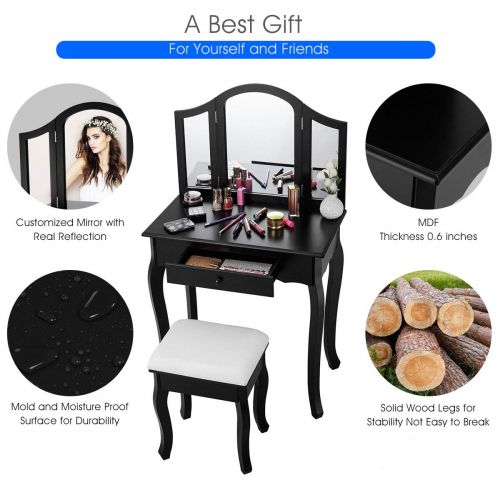 자이언텍스 Giantex Bathroom Vanity Makeup Table Set w/Tri-Folding Mirror & Cushioned Stool Dressing Table (Black)