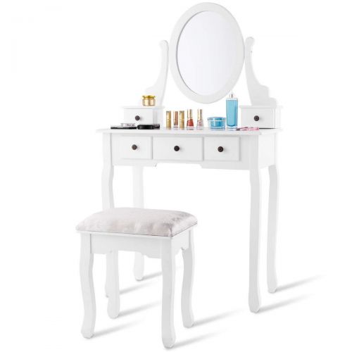 자이언텍스 Giantex White Bathroom Vanity Jewelry Makeup Dressing Table Set W/Stool Mirror Wood Desk (5 Drawers)