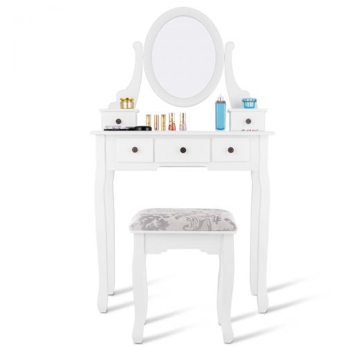 자이언텍스 Giantex White Bathroom Vanity Jewelry Makeup Dressing Table Set W/Stool Mirror Wood Desk (5 Drawers)