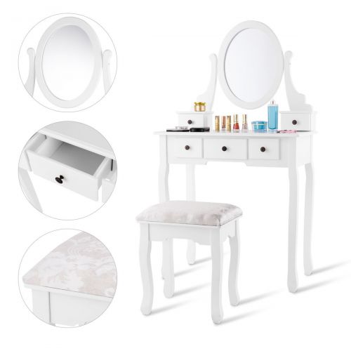 자이언텍스 Giantex White Bathroom Vanity Jewelry Makeup Dressing Table Set W/Stool Mirror Wood Desk (5 Drawers)