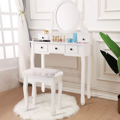 자이언텍스 Giantex White Bathroom Vanity Jewelry Makeup Dressing Table Set W/Stool Mirror Wood Desk (5 Drawers)