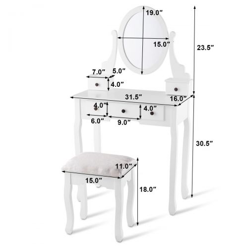 자이언텍스 Giantex White Bathroom Vanity Jewelry Makeup Dressing Table Set W/Stool Mirror Wood Desk (5 Drawers)