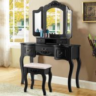 Giantex Vanity Dressing Table Set with Stool, Tri Folding Vintage Vanity Makeup Dressing Table Set 5 Drawers Christmas, Large Vanities with Bench (Black)
