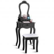 Giantex Vanity Wood Makeup Dressing Table Stool Set Bedroom with Mirror (Black, 20.0 Lx12.0 Wx53.5 H)