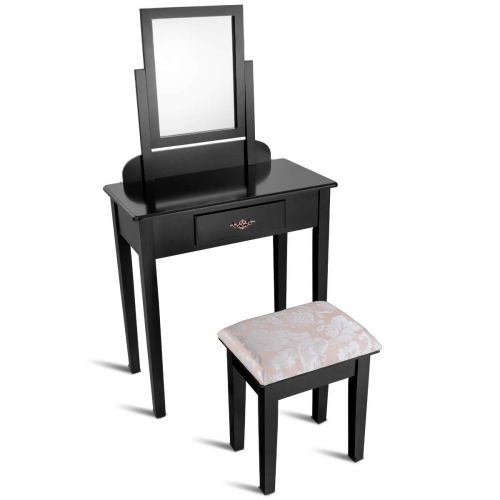 자이언텍스 Giantex Vanity Dressing Table Stool Set, for Bedroom Vanities Furniture with Large 360° Rotating Makeup Mirror Solid Wood Legs Padded Linen Fabric Bench, Vanity Tables with Drawers