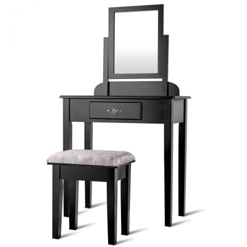 자이언텍스 Giantex Vanity Dressing Table Stool Set, for Bedroom Vanities Furniture with Large 360° Rotating Makeup Mirror Solid Wood Legs Padded Linen Fabric Bench, Vanity Tables with Drawers