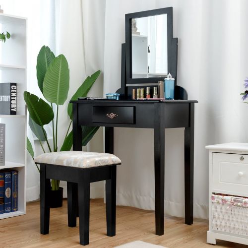 자이언텍스 Giantex Vanity Dressing Table Stool Set, for Bedroom Vanities Furniture with Large 360° Rotating Makeup Mirror Solid Wood Legs Padded Linen Fabric Bench, Vanity Tables with Drawers