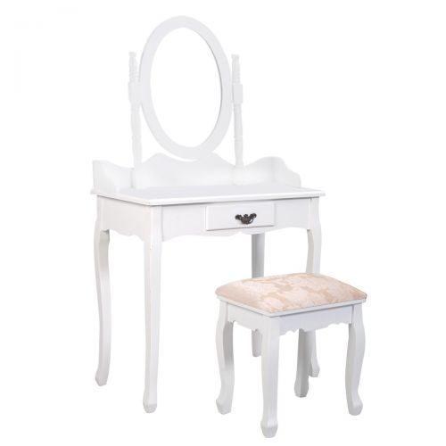 자이언텍스 Giantex Bathroom Vanity Table Set w/Mirror Cushioned Stool Makeup Dressing Table Set w/ 1 Drawer Wood Jewelry Cosmetics Organizer Dresser Writing Desk Easy Assembly
