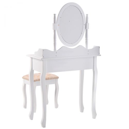 자이언텍스 Giantex Bathroom Vanity Table Set w/Mirror Cushioned Stool Makeup Dressing Table Set w/ 1 Drawer Wood Jewelry Cosmetics Organizer Dresser Writing Desk Easy Assembly