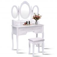 Giantex Tri Folding Oval Mirror Wood Bathroom Vanity Makeup Table Set with Stool &7 Drawers (White)