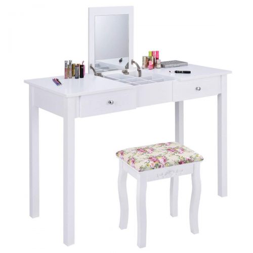 자이언텍스 Giantex Vanity Set Makeup Table with Mirror, Cushioned Stool Bench Chair Large Desk Flip Top Home Bedroom 9 Middle Storage Organizers for Jewelry Cosmetics Vanities Dressing Tables
