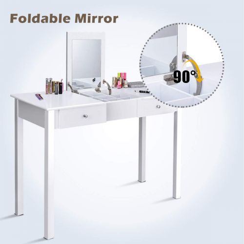 자이언텍스 Giantex Vanity Set Makeup Table with Mirror, Cushioned Stool Bench Chair Large Desk Flip Top Home Bedroom 9 Middle Storage Organizers for Jewelry Cosmetics Vanities Dressing Tables