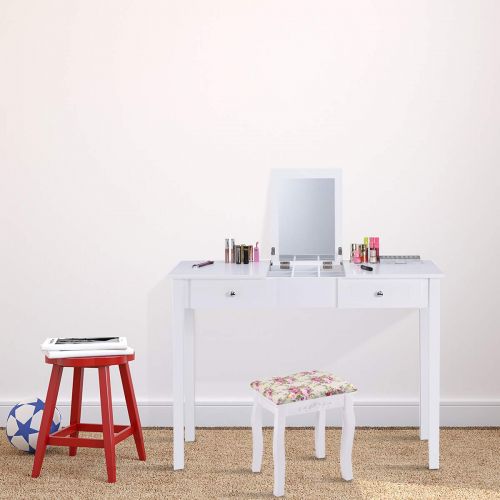 자이언텍스 Giantex Vanity Set Makeup Table with Mirror, Cushioned Stool Bench Chair Large Desk Flip Top Home Bedroom 9 Middle Storage Organizers for Jewelry Cosmetics Vanities Dressing Tables