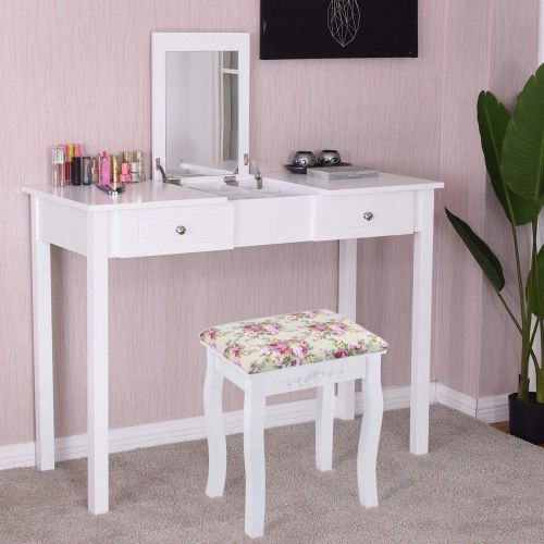 자이언텍스 Giantex Vanity Set Makeup Table with Mirror, Cushioned Stool Bench Chair Large Desk Flip Top Home Bedroom 9 Middle Storage Organizers for Jewelry Cosmetics Vanities Dressing Tables