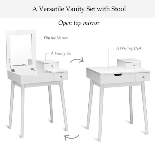 자이언텍스 Giantex Vanity Table Set with Mirror Stool, Folding Top Flip Mirrored Large Storage Organizer for Home Bedroom Chic Furniture Wood Cushioned Bench, Makeup Dressing Table Sets w/ 2