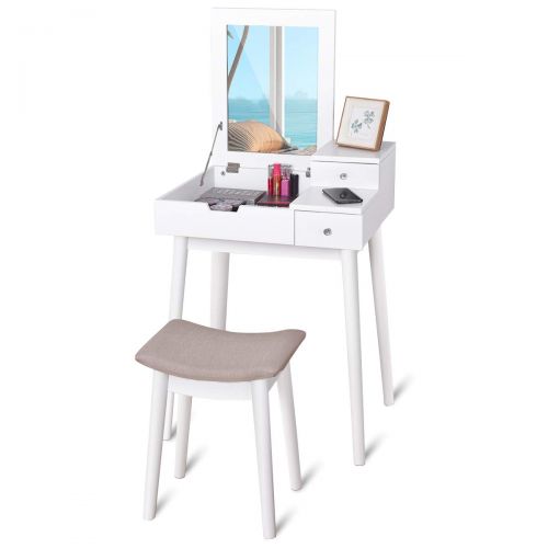 자이언텍스 Giantex Vanity Table Set with Mirror Stool, Folding Top Flip Mirrored Large Storage Organizer for Home Bedroom Chic Furniture Wood Cushioned Bench, Makeup Dressing Table Sets w/ 2