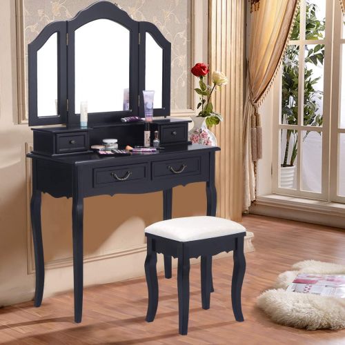 자이언텍스 Giantex Vanity Table Set with Stool, Tri-Folding Makeup Dressing Mirror Bedroom Chic Organizer Cushioned Chair Wooden Leg for Women Girl Fold Desk Vanities Dressing Tables w/ 4 Sto