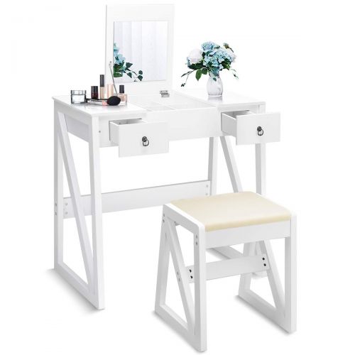 자이언텍스 Giantex Vanity Set with Flip Top Mirror and 2 Drawers 9 Organizers, Dual Modern Makeup Dressing Table Writing Desk with Cushioned Stool, Easy Assembly, White