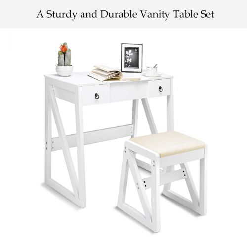 자이언텍스 Giantex Vanity Set with Flip Top Mirror and 2 Drawers 9 Organizers, Dual Modern Makeup Dressing Table Writing Desk with Cushioned Stool, Easy Assembly, White