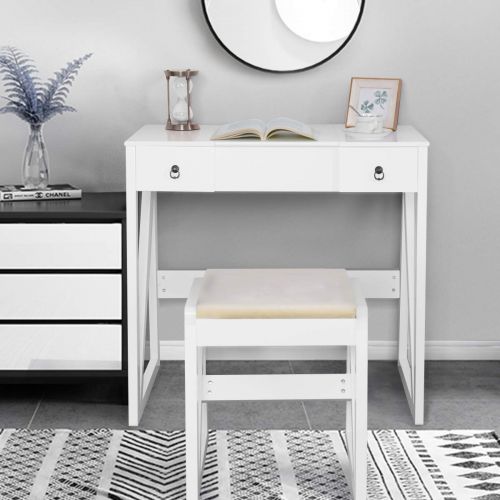 자이언텍스 Giantex Vanity Set with Flip Top Mirror and 2 Drawers 9 Organizers, Dual Modern Makeup Dressing Table Writing Desk with Cushioned Stool, Easy Assembly, White