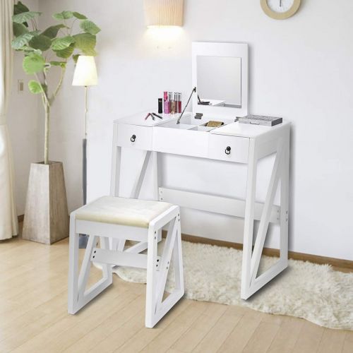 자이언텍스 Giantex Vanity Set with Flip Top Mirror and 2 Drawers 9 Organizers, Dual Modern Makeup Dressing Table Writing Desk with Cushioned Stool, Easy Assembly, White